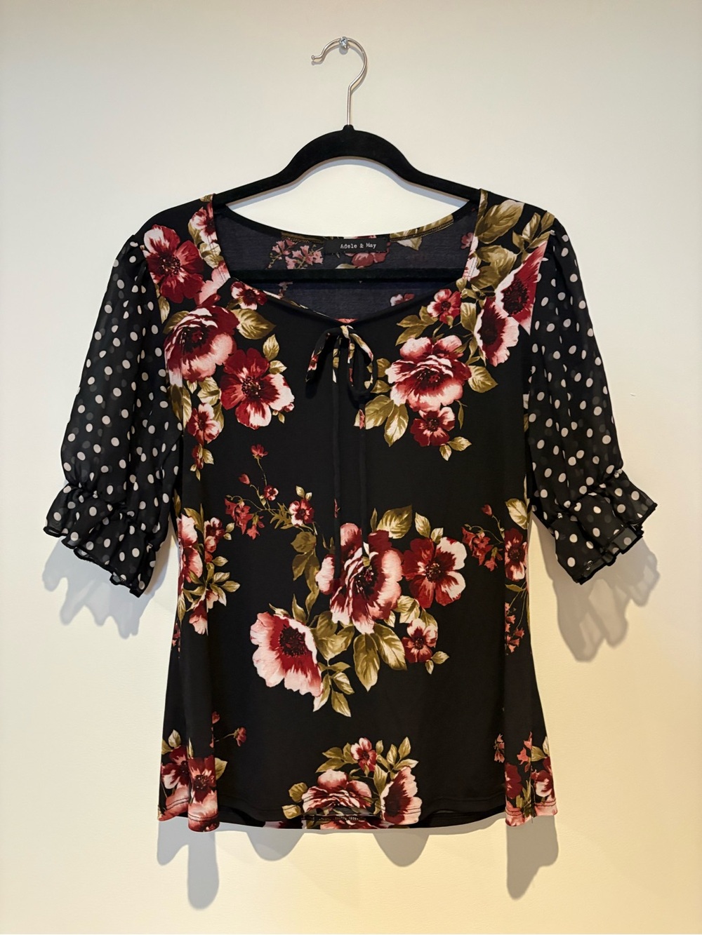 a new day Black Floral & Polka Dot Tie-Neck Blouse